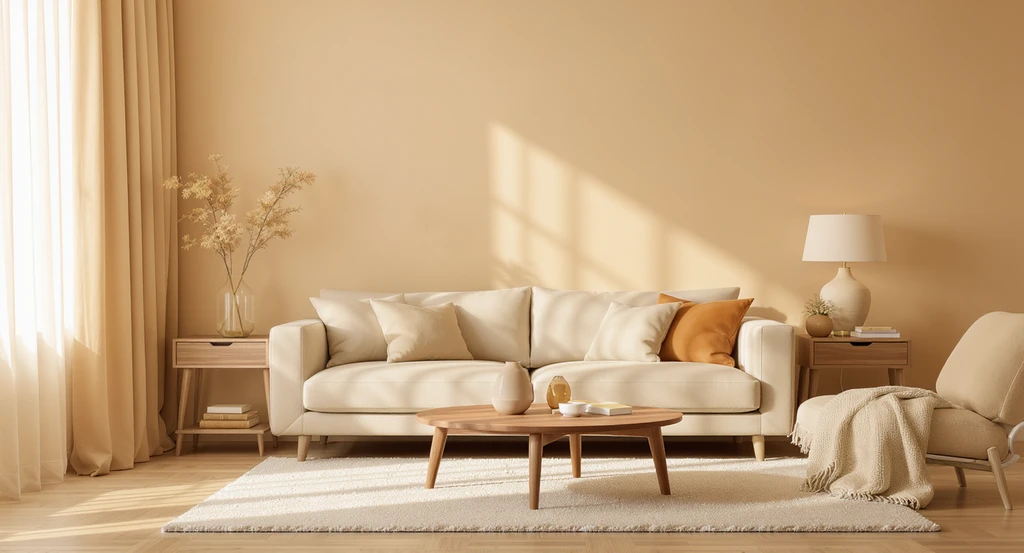 How to decorate an empty living room for calmness: a staged space with consistent warm undertones, beige walls, oak floor, and tan furnishings. Living Room Decorating Tricks That Make Spaces Feel Instantly Calmer.