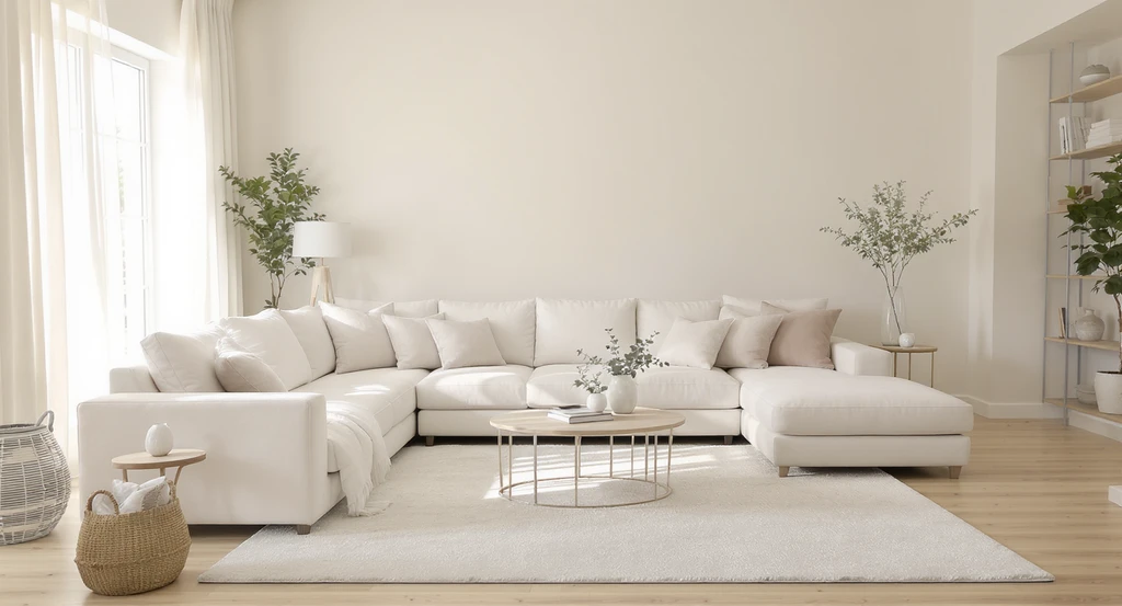 How to decorate an empty living room for calmness: gentle-toned sectional sofa, matching tables and decor, arranged for visual balance and seamless flow.