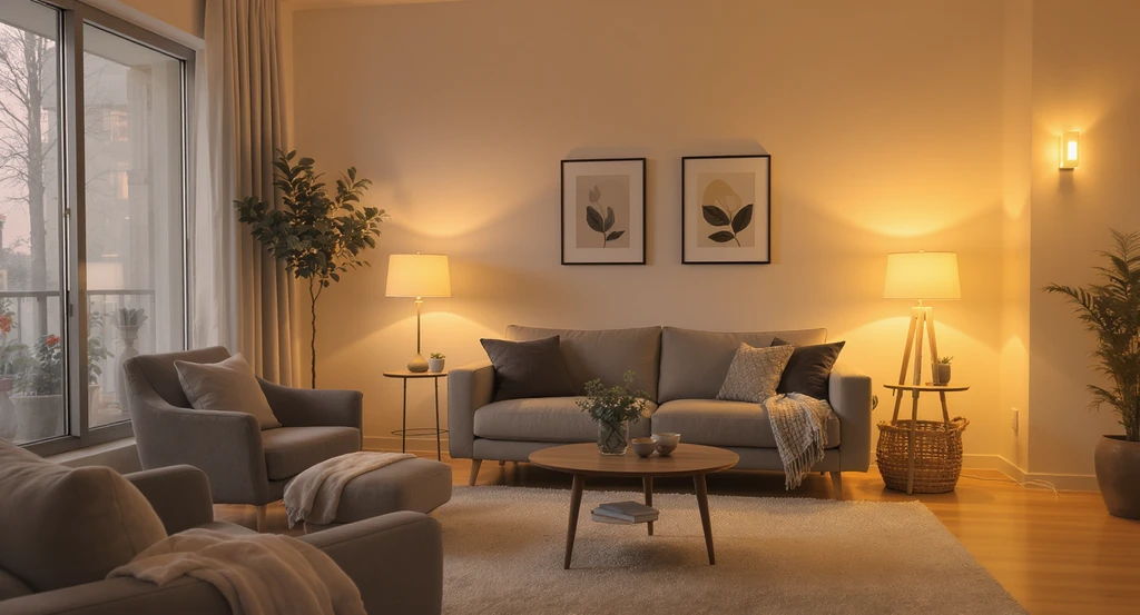 Modern living room with multiple soft light sources—floor lamp, table lamp, and picture light—arranged to create calm, inviting pockets of light, illustrating steps to make a living room feel instantly calmer.
