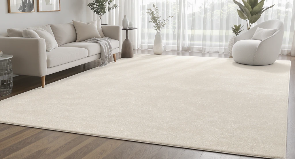 Quiet modern living room with soft, gentle-patterned beige rug, neutral furnishings, and natural light, demonstrating calming living room decorating tricks.