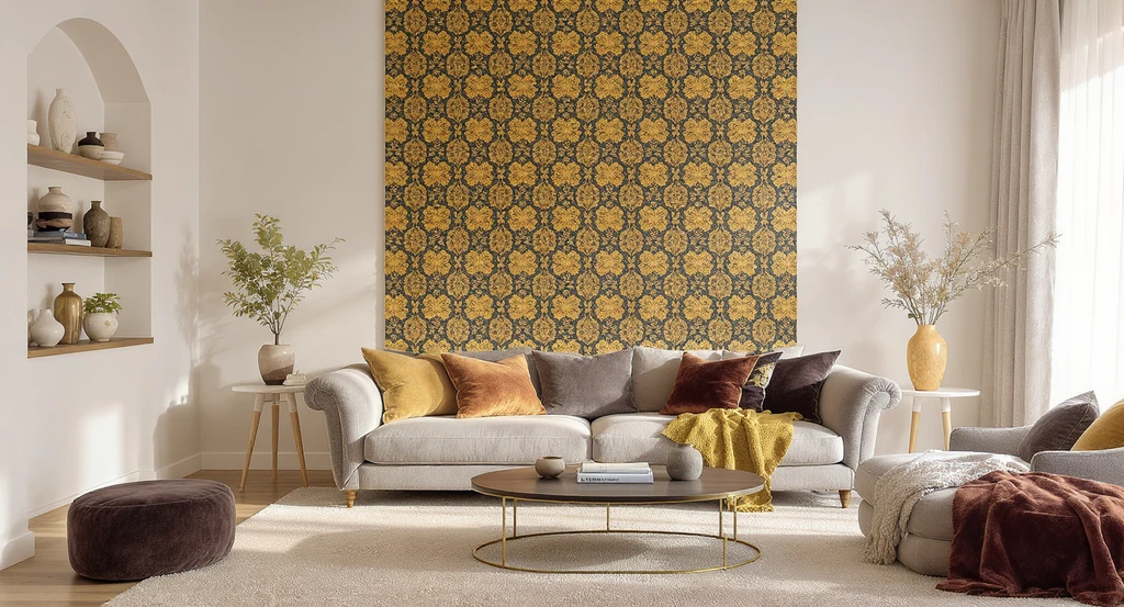 Maximalist living room with bold colors and curated decor, featuring empty wall and tabletop areas that provide visual breathing space and balance.