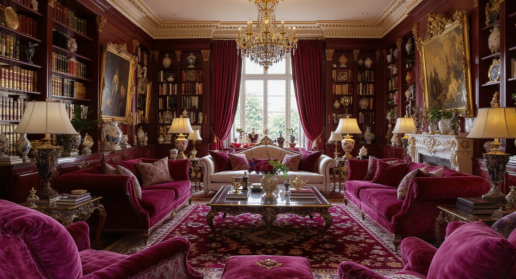 A densely decorated maximalist living room with layered artworks, crowded shelves, bold colors, and varied textures, illustrating cluttered design mistakes.