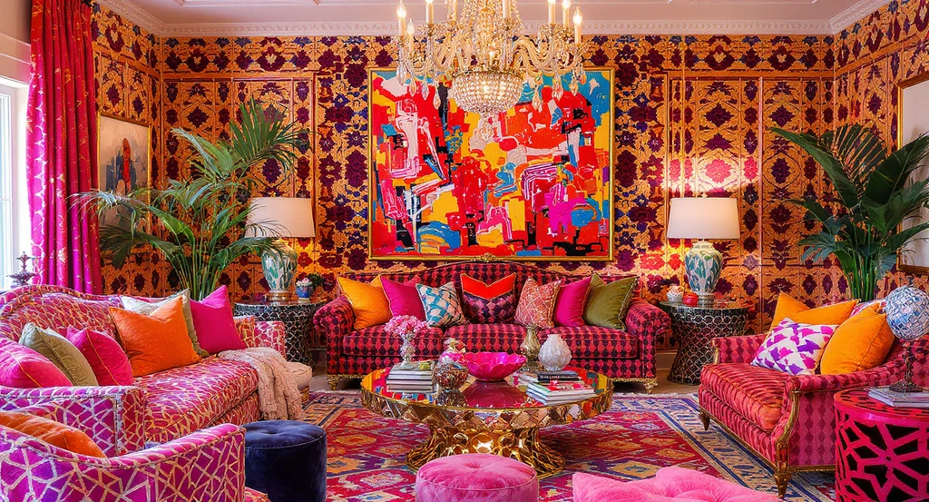 Maximalist living room overcrowded with bold furniture, eye-catching light fixtures, and colorful artwork, lacking a clear design focal point.