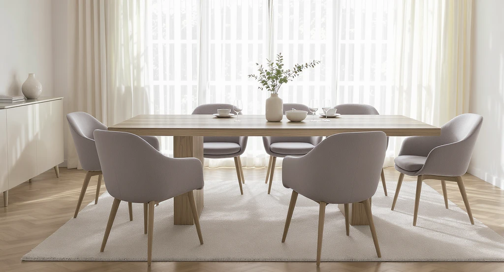 Modern dining room with plush, supportive upholstered chairs, an uncluttered wooden table, and clear sightlines, creating a balanced, inviting layout.