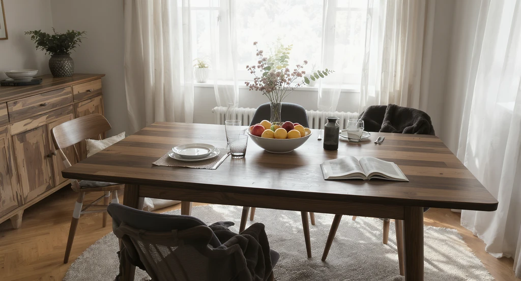 A realistic dining room features a wooden table with a bowl of fruit, open book, and a chair slightly out of place, illustrating how small lived-in details help create balanced dining spaces and make dining rooms feel more inviting.
