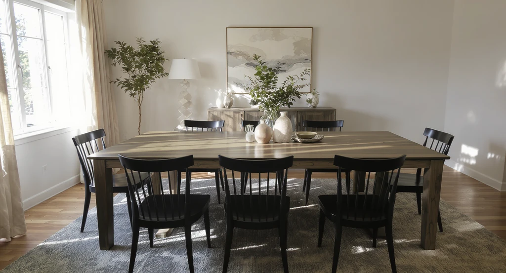 A modern dining room with a large table and tightly packed chairs, illustrating a common dining room design mistake that reduces comfort and flow.