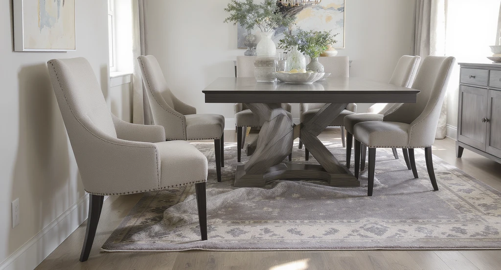 A cramped dining room shows a chair too close to the wall and a mispositioned rug obstructing movement, illustrating common dining room design mistakes and tips for comfortable dining room layouts.