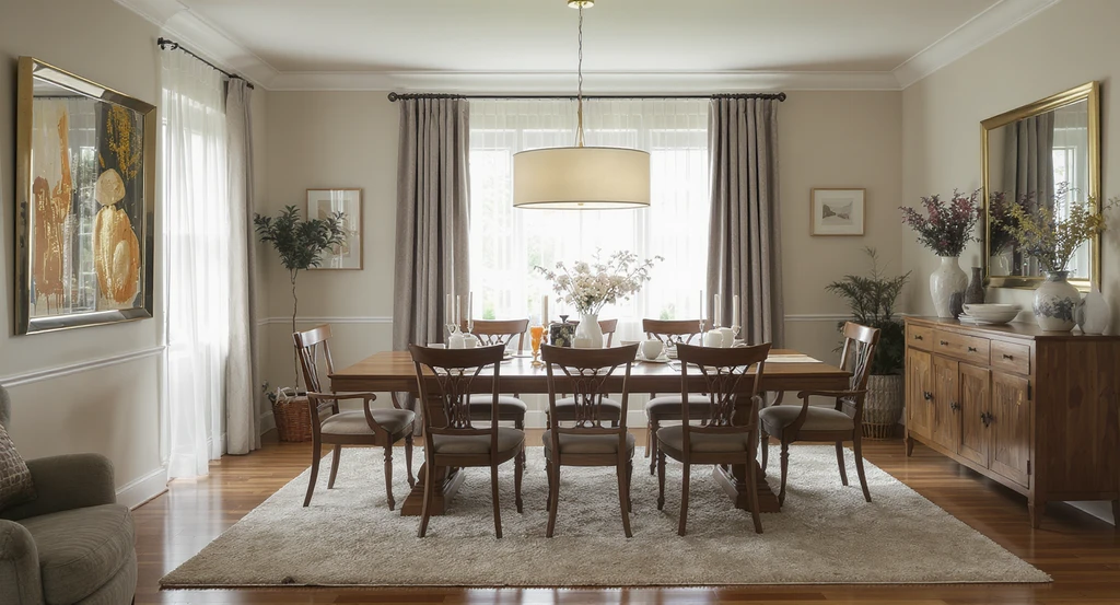 Photorealistic dining room with mismatched chairs, off-center lighting, obstructed windows, and cluttered decor, showing common design mistakes and layout imbalances that reduce comfort and style.
