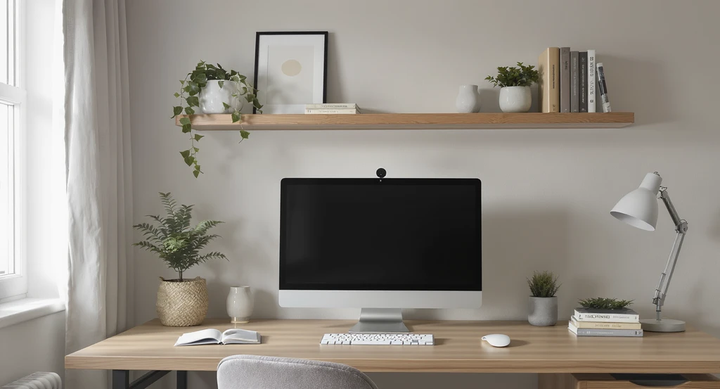 Photorealistic home office video call area with a styled shelf, artwork, and plants for a tidy, professional remote work background.