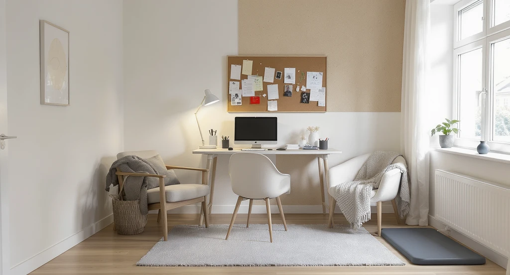 Photorealistic compact home office with separate zones: a desk with task lighting, side chair, pinboard, and standing mat, demonstrating home office design ideas for remote workers.