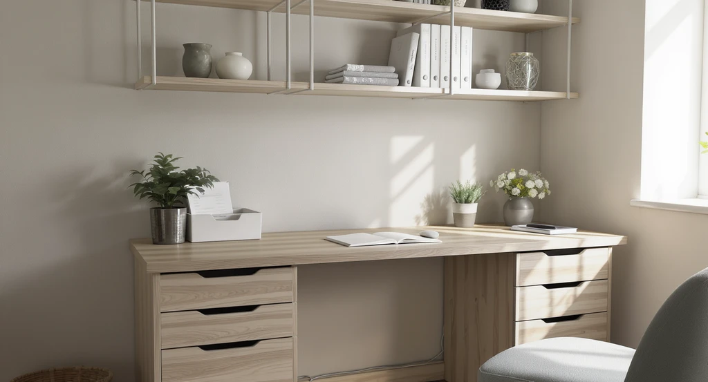 Modern home office design showing a clutter-free desk with hidden cables and organized closed storage, ideal for remote work productivity and comfort.