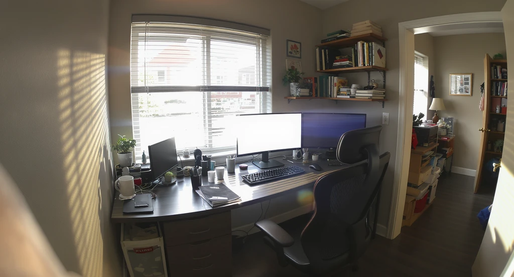 Photorealistic small home office with ergonomic chair, sun glare on monitor, hard-to-reach storage, visible background distractions, and no people. This setup highlights home office design ideas for remote workers and shows how to optimize lighting, visual boundaries, and storage solutions.