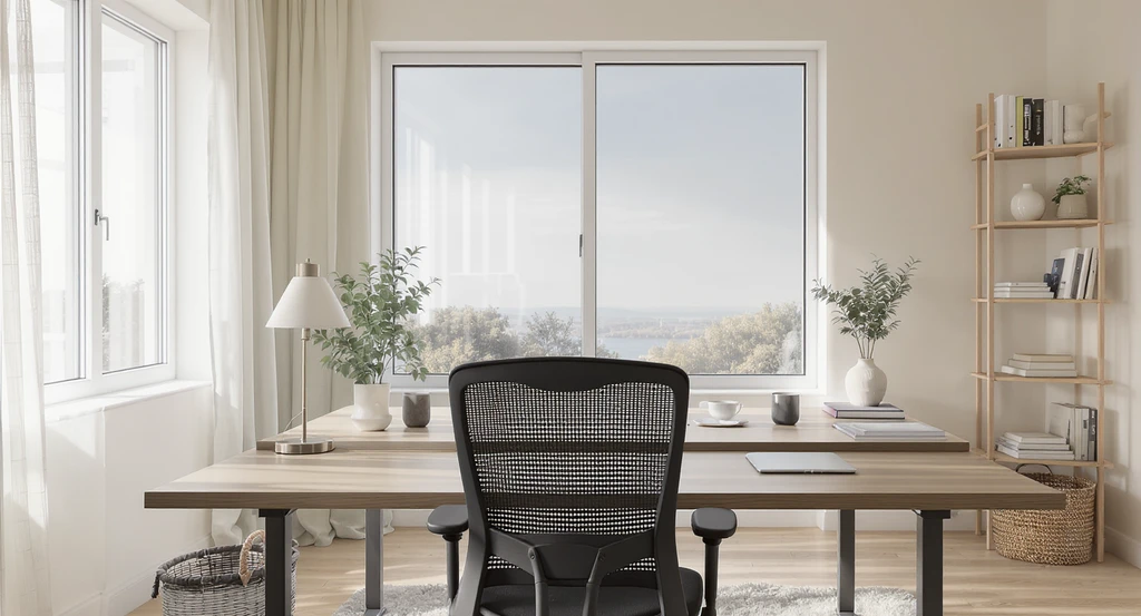 Scandinavian-inspired home office with desk positioned for open sightlines, natural lighting, and serene minimal decor, ideal for remote workers.