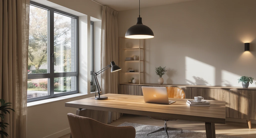 Modern home office with layered lighting—natural light from a window, a desk lamp for task lighting, and overhead ambient lights—showing optimized lighting for remote workers.