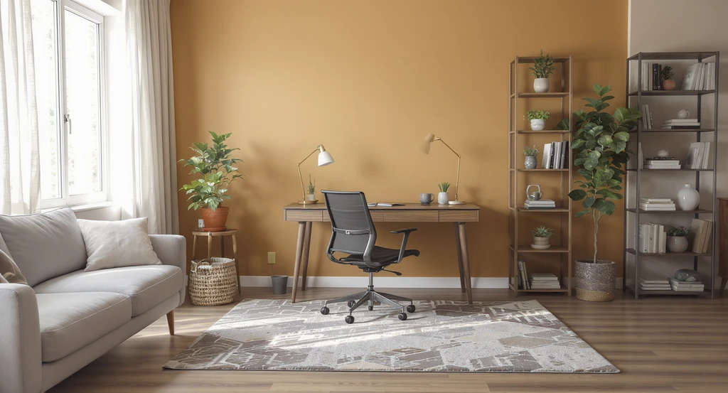 Living room home office setup showing a mid-century desk on a patterned rug, with accent wall paint and pendant lighting, creating visual boundaries in a shared space. Home office design ideas for remote workers, optimizing lighting, and visual divides in multi-purpose rooms.