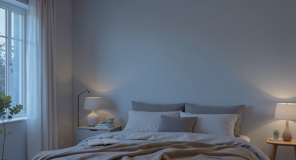 Modern bedroom painted in calming blue-gray, showing how natural and artificial lighting affect paint color and restful bedroom design choices.