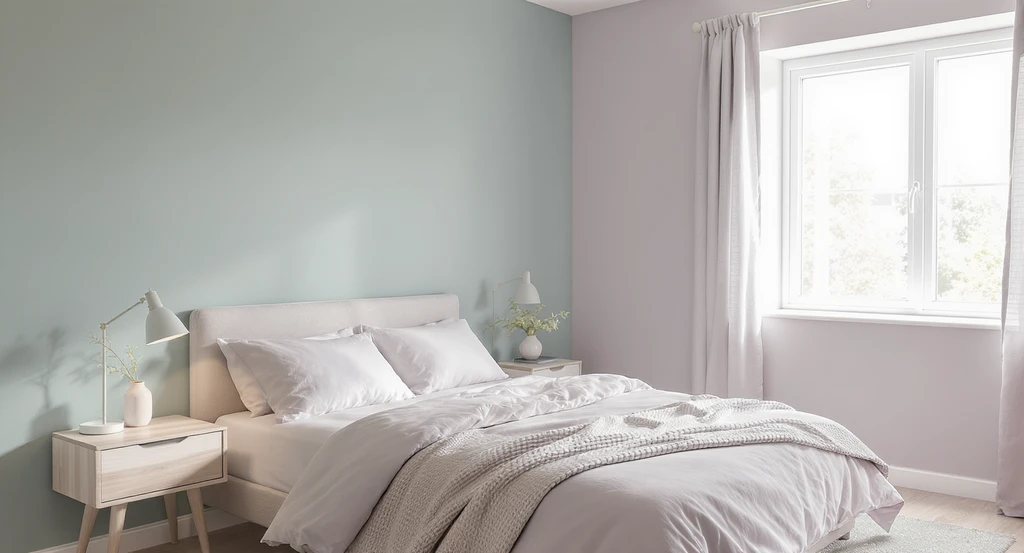 A quiet bedroom featuring soft dusty blue, pale sage, and lavender walls, gentle lighting, and minimal decor to demonstrate the best bedroom color ideas for sleep and how bedroom lighting affects paint color.
