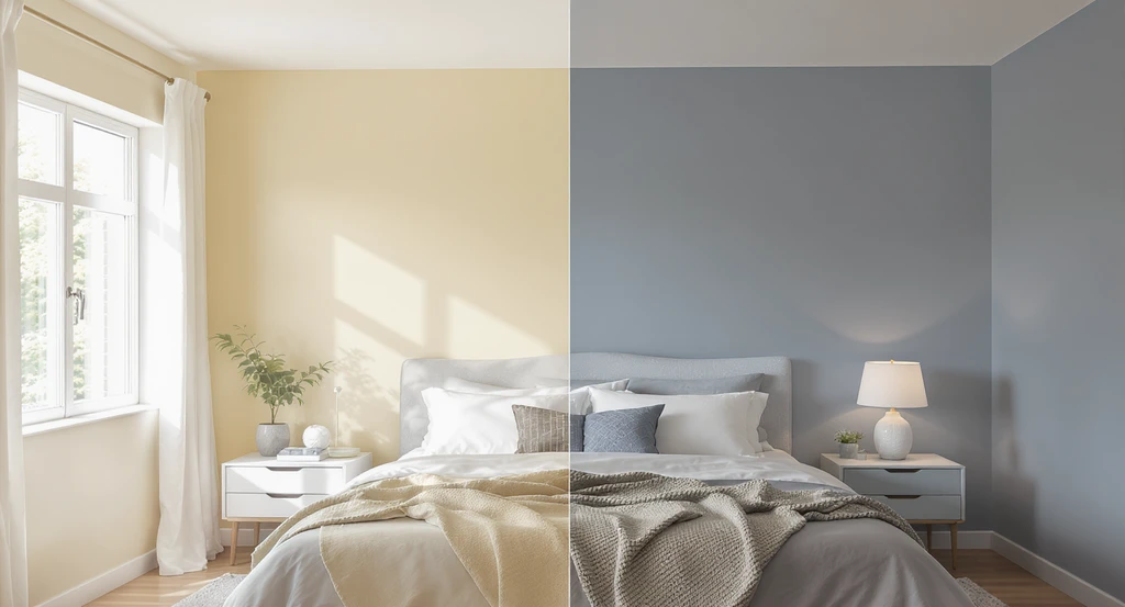 Photorealistic bedroom showing beige and gray-blue walls. Daylight and lamp lighting reveal how undertones, lighting, and color choices impact bedroom calmness and sleep quality.