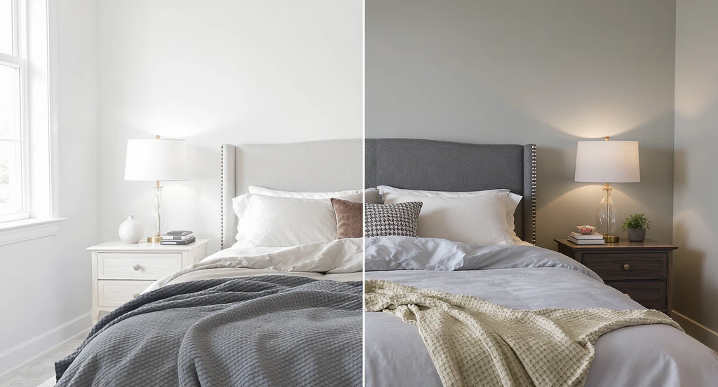Bedroom split in half: one side staged like a showroom with flawless paint color and minimal decor, the other showing real lighting, wires, and lived-in imperfections, illustrating best bedroom color ideas for sleep and mistakes to avoid with color schemes.