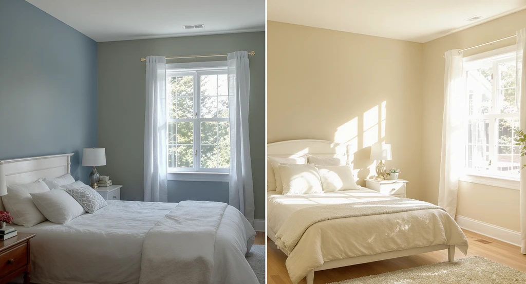 Split-view of two realistic bedrooms: one with blue-green walls in cool north light, one with beige-taupe walls in warm southern light, illustrating best bedroom color ideas for sleep and how bedroom lighting affects paint color.