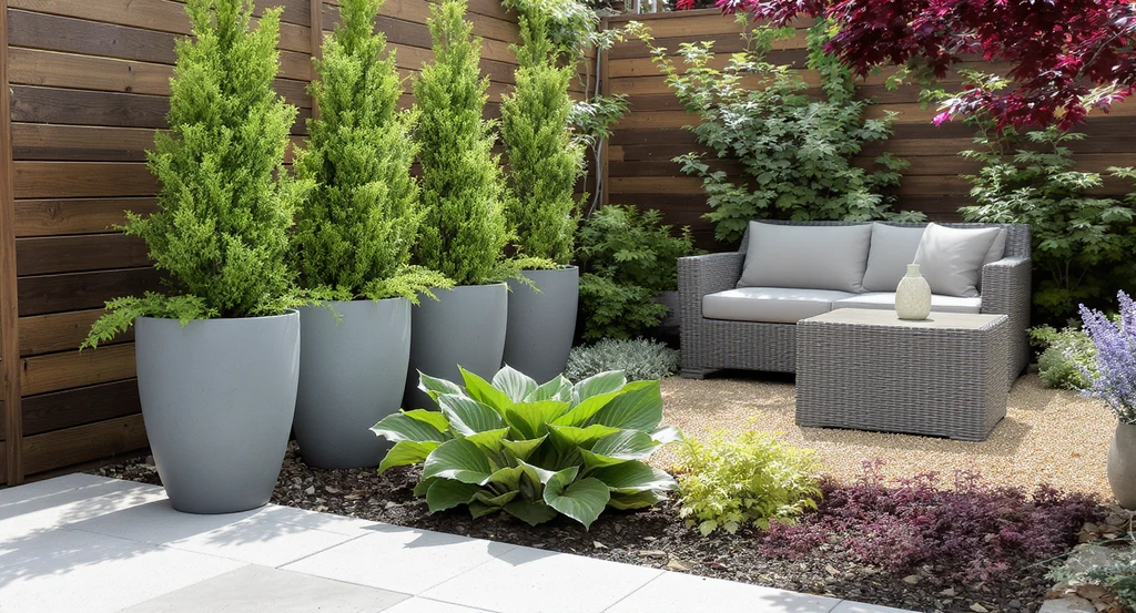 Deliberate layering in a small garden using a row of tall pots to frame compact outdoor seating, with three broad-leaved hostas marking the entry point, showing ai garden design ideas for small spaces and how to maximize small gardens with ai.