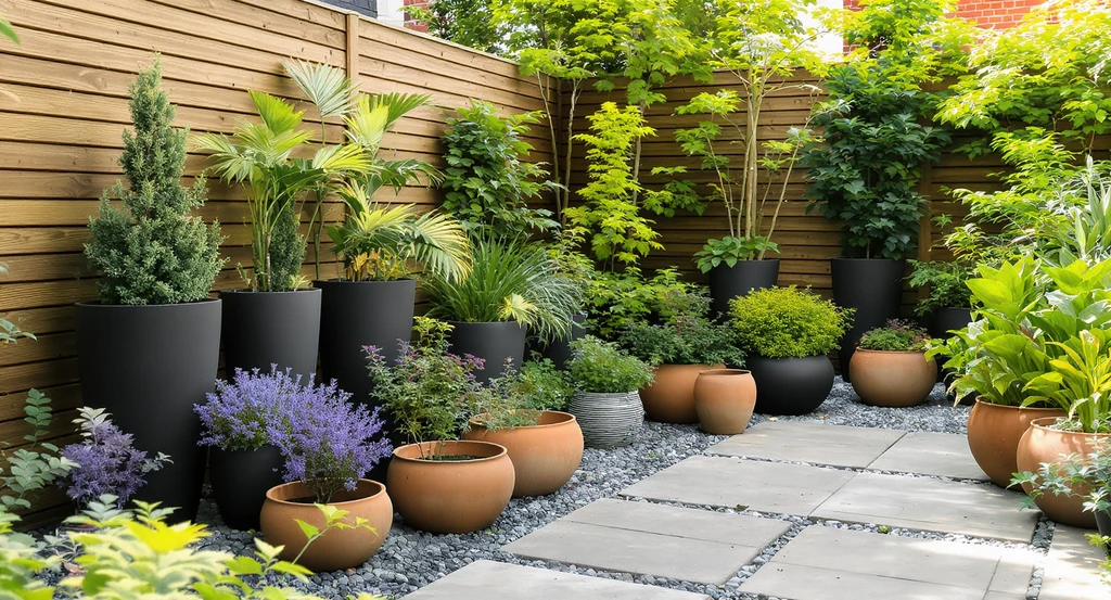 Arranged smart containers in a small garden: tall black planters by the fence, grouped terracotta bowls along a path, showing ai garden design ideas for small spaces.