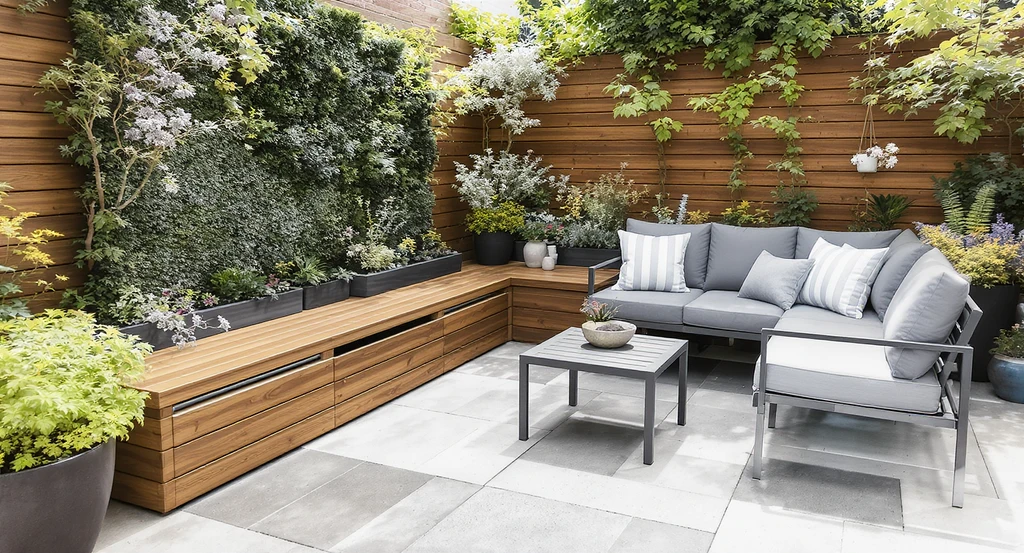 Editorial image of a small modern garden patio arranged with multi-functional compact outdoor furniture, showing built-in storage benches, folding bistro seating, and stackable tables, perfect for ai garden design ideas for small spaces and maximizing small gardens with ai tools.