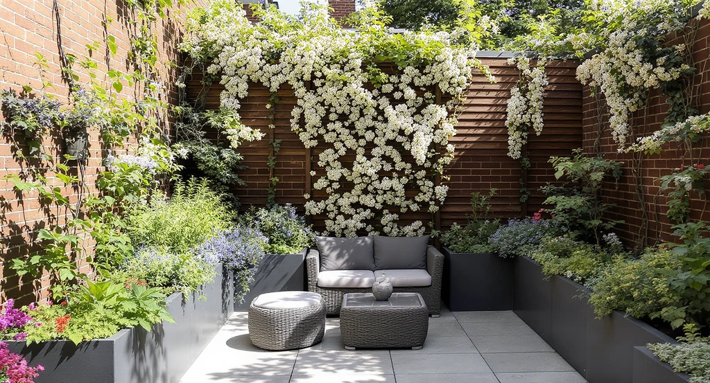 A compact garden uses a vertical jasmine trellis and modular wall planters filled with climbing plants, showing ai garden design ideas for small spaces and how to maximize small gardens with ai tools for outdoor space visualization.