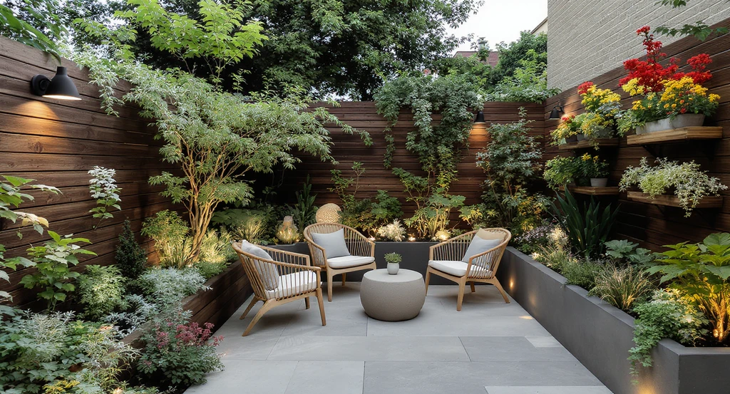 Ultra-realistic small urban garden showing ai garden design ideas for small spaces, including vertical garden layouts, compact furniture, and thoughtfully optimized outdoor space.
