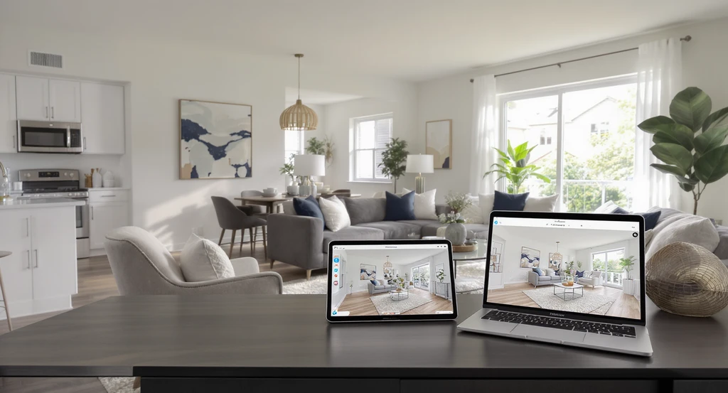 Photo-realistic AI-staged living and dining areas with coordinated interior design, shown across tablet and laptop screens for immersive AI-powered virtual home tours. Multi-view AI home visualization benefits and human expertise in ai home design are reflected in the seamless look.