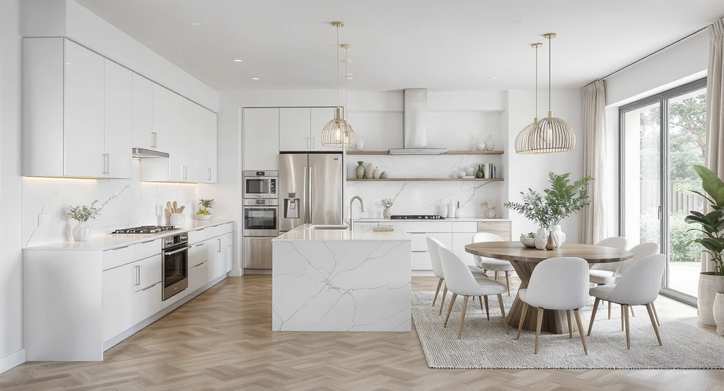 Seamless modern kitchen and dining room showcase multi-view ai home visualization benefits, preventing style clashes with ai staging, and revealing how ai creates coordinated interior design for real estate listings.