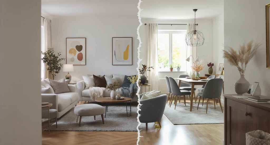 Modern living room styled with coordinated decor transitions into a clashing, mismatched dining area, illustrating multi-view ai home visualization benefits, how ai creates coordinated interior design, and how preventing style clashes with ai staging and ai-powered virtual home tours for real estate relies on human expertise in ai home design.