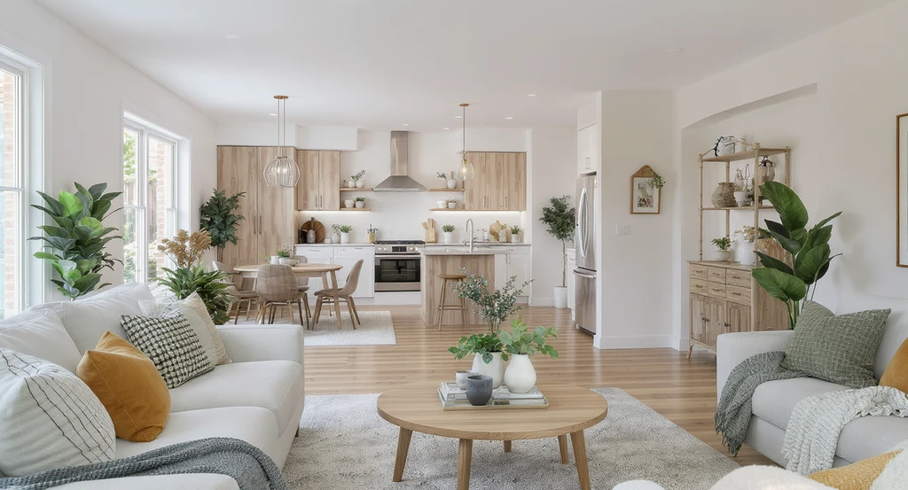 Photorealistic open-concept home visualized with multi-view AI, highlighting coordinated interior design and preventing style clashes across living zones.