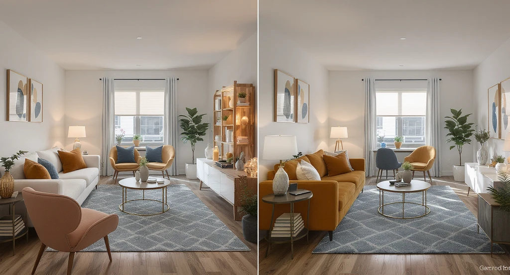 Coordinated living and dining spaces shown from multiple angles, displaying multi-view AI home visualization benefits and preventing style clashes with AI-powered editing for real estate.
