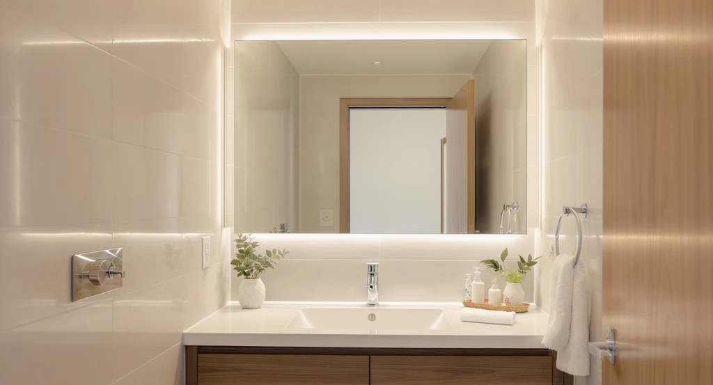 Modern small bathroom with a large wall-mounted mirror reflecting soft light, showcasing ai bathroom design for small spaces and how to visualize luxury bathroom upgrades with ai.