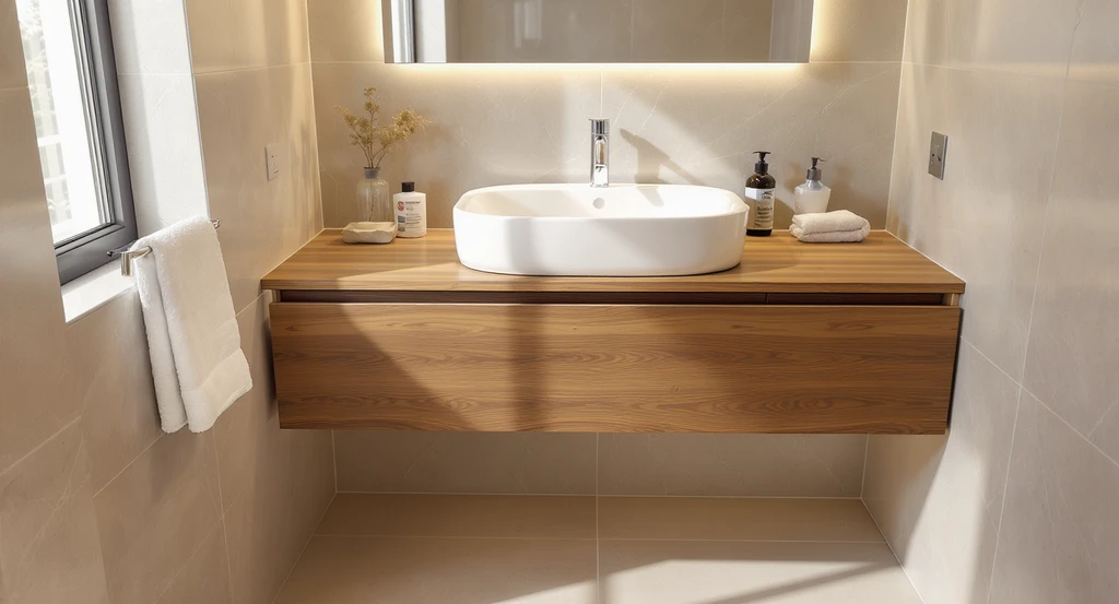 Modern small bathroom with floating wood vanity, seamless tile, and backlit mirror, exemplifying ai bathroom design for small spaces and luxury upgrades.