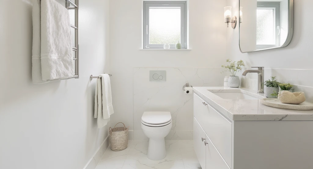 Modern small bathroom designed with ai, using a cohesive light palette of soft whites, pale grays, and sage green for a spa-inspired, luxurious look.