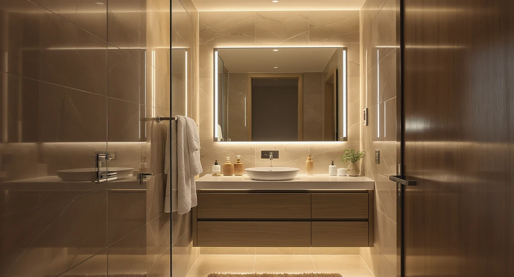 Modern ai bathroom design for small spaces featuring ambient, task, and accent lighting to illustrate how to visualize luxury bathroom upgrades with ai.