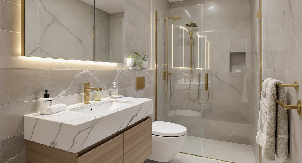 A small, luxurious bathroom designed with ai bathroom design for small spaces in mind, featuring spa-inspired marble finishes, smart storage, and upscale lighting to show how to visualize luxury bathroom upgrades with ai and the best ai tools for compact bathroom makeovers.