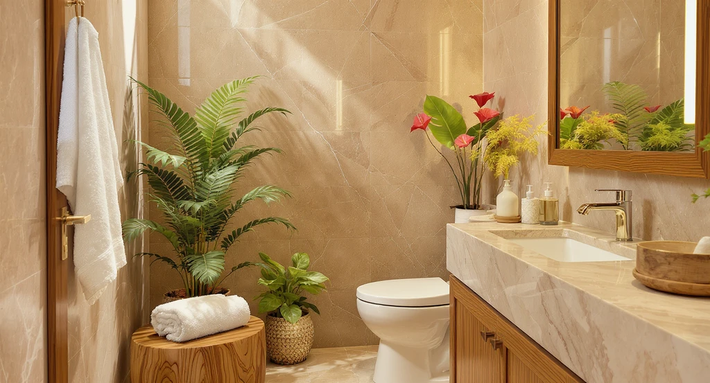 Spa-inspired small bathroom featuring plush towels, greenery, wood trim, and elegant soap dispensers, illustrating ai bathroom design for small spaces, how to visualize luxury bathroom upgrades with ai, best ai tools for compact bathroom makeovers, ai-powered ideas for spa-inspired small bathrooms, and ways to maximize storage in small bathrooms with ai design.