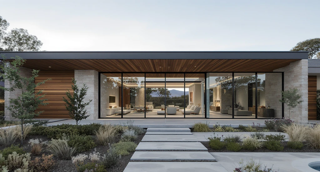Modern home exterior with flat roof, glass walls, open floor plan, sleek lines, landscaped patio, and curb appeal oriented landscaping for 2026.