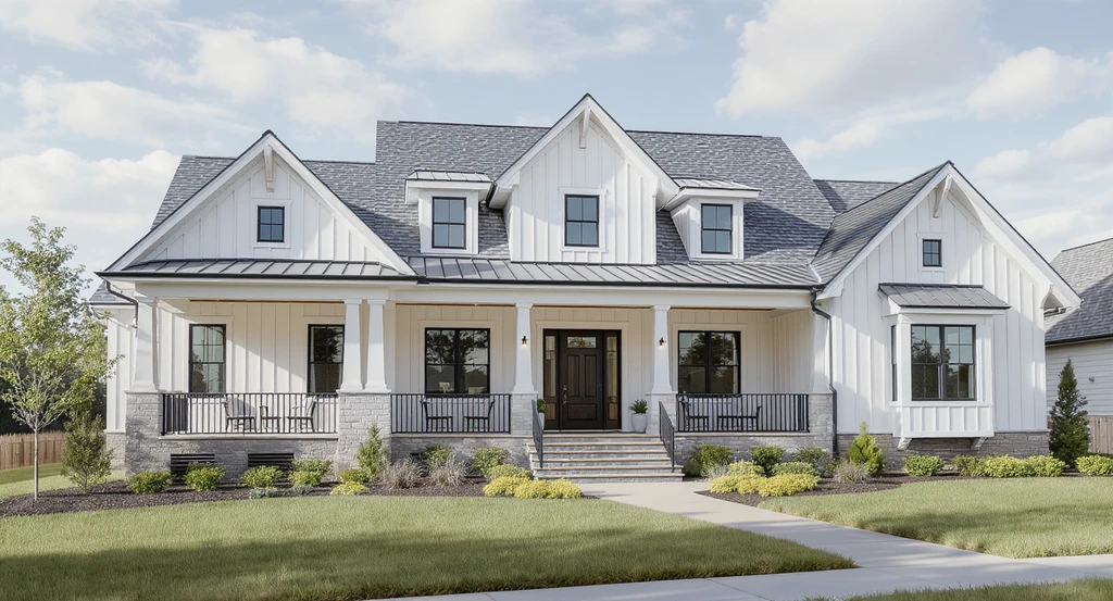 Modern farmhouse exterior showing white board-and-batten siding, gabled roofs, black window trim, and inviting front porch, all contributing to authentic curb appeal for contemporary home architectural styles.
