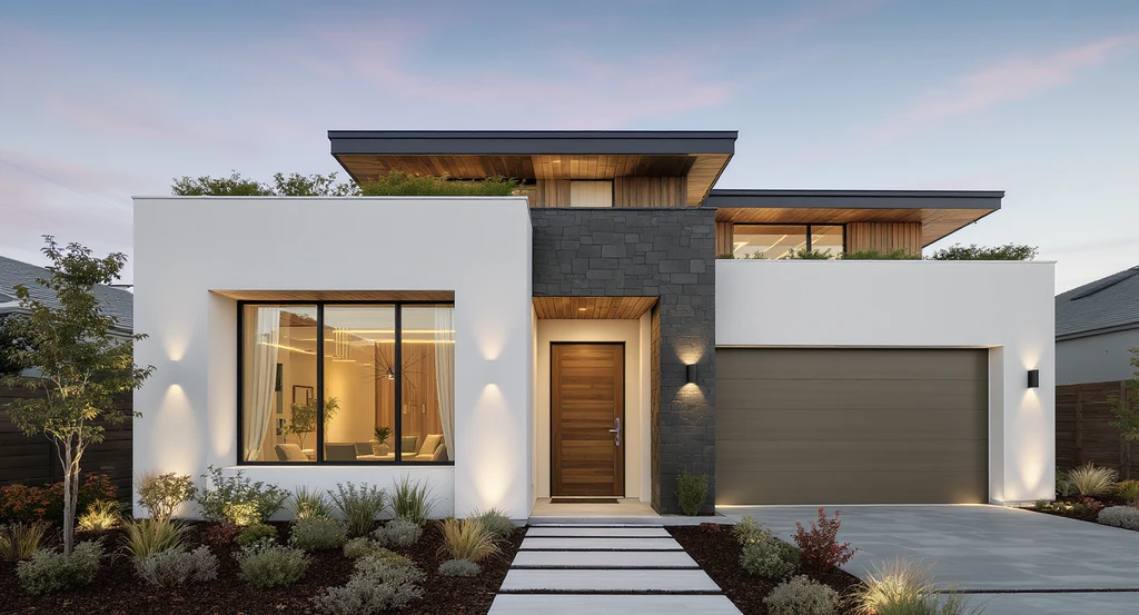 Contemporary home exterior with mixed materials, solar panels, green roof, large windows, and minimalist sustainable landscaping for modern curb appeal.