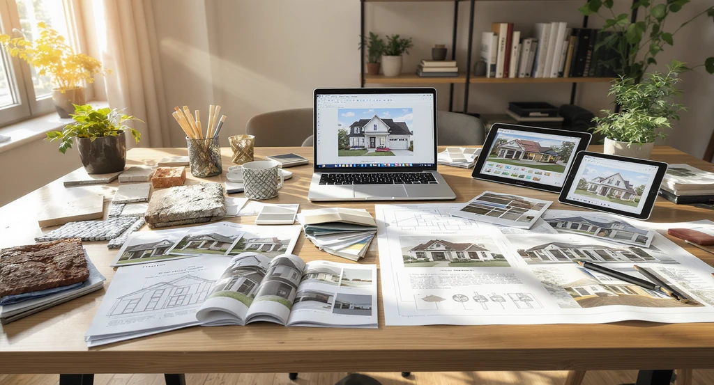Realistic design studio workspace with home architectural style samples, blueprints, and visualizations showing how to plan curb appeal using exterior home designs and landscaping ideas.