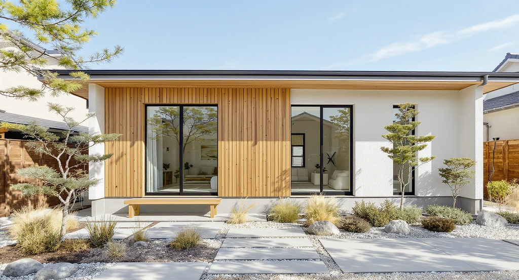 Japandi architectural style home exterior with light wood, white stucco, minimalist lines, landscaping with stone, grass, and expert curb appeal features.