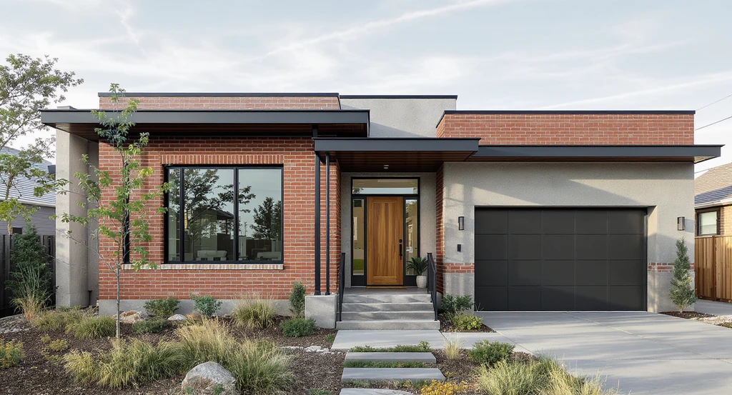 Modern industrial home exterior showing exposed brick, concrete walls, steel stair accents, and oversized windows, with minimalist landscaping for curb appeal.