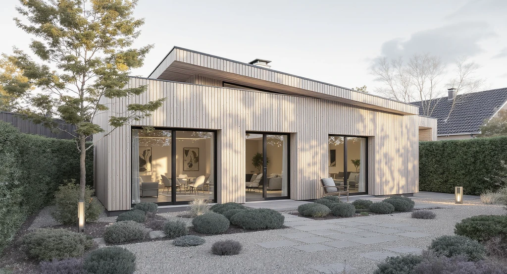 Minimalist Scandinavian-style home exterior with light wood facade, large windows, and modern landscaping for enhanced curb appeal in 2026.