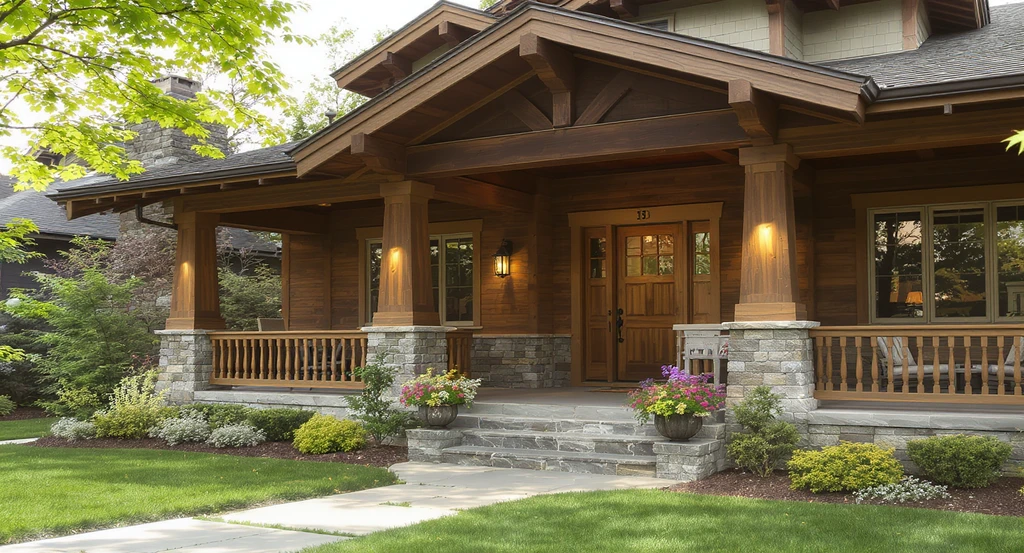 Classic Craftsman-style home exterior with wide porch, tapered columns, hand-crafted woodwork, natural materials, and lush landscaping for curb appeal.