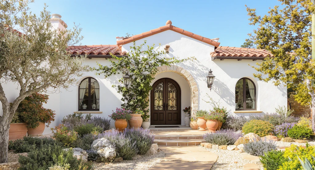 Mediterranean-style home with red tile roof, white stucco exterior, arched doors and windows, wrought-iron details, and Mediterranean landscaping for curb appeal.