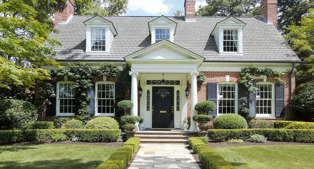 Colonial Revival home exterior with symmetrical multi-pane windows, simple roofline, decorative front door, and balanced front yard landscaping for classic curb appeal.